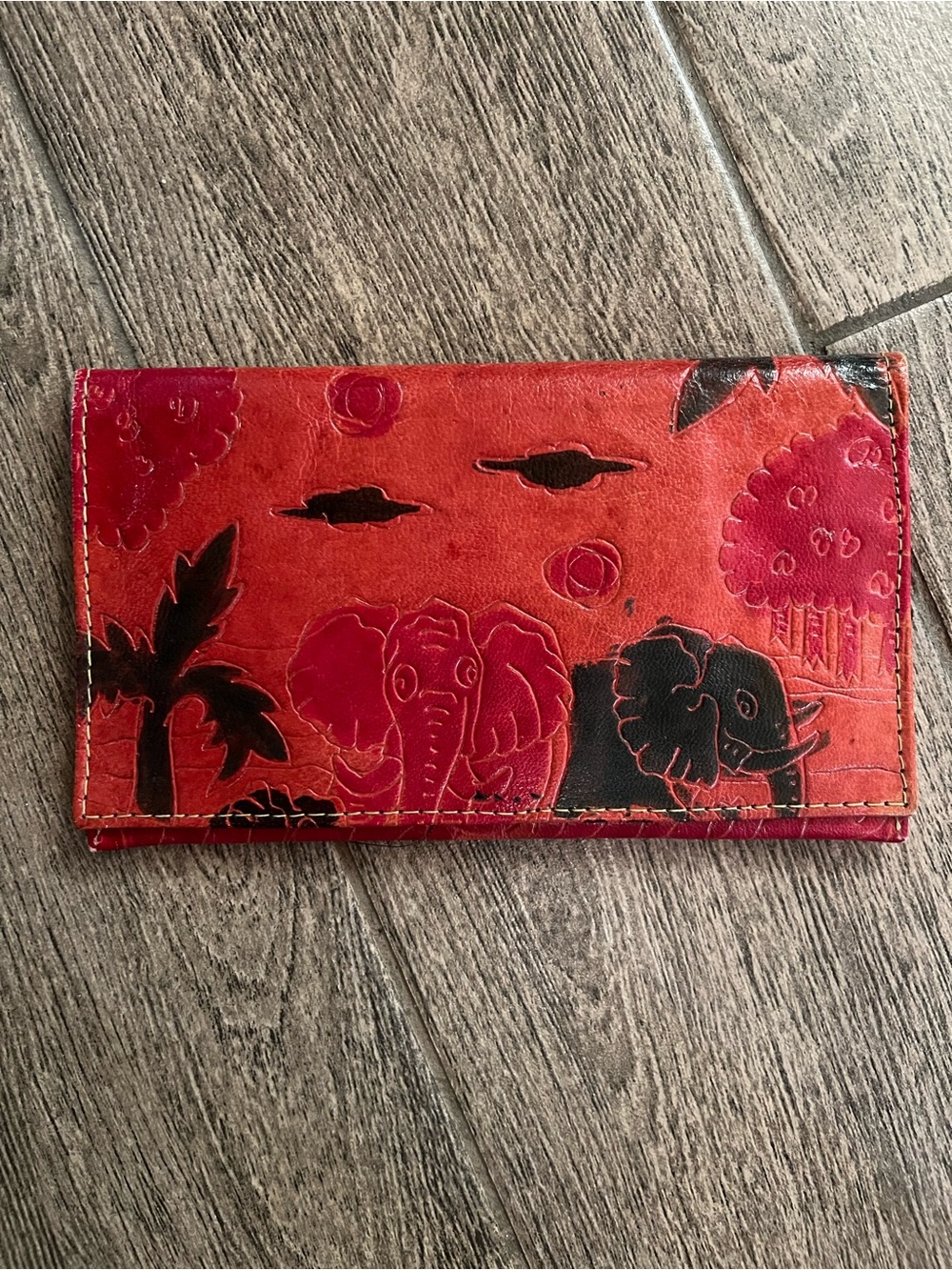 Red Elephant Print Bifold Wallet Floral Safari Snap Closure Pocket Leather Like